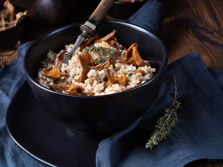 Ciemna miska na talerzu z smakowita potrawą z kaszą. Ilustracja do artykułu: "Najlepsze 7 przepisów na potrawy z kaszy jęczmiennej, które zachwycą Twoje podniebienie"