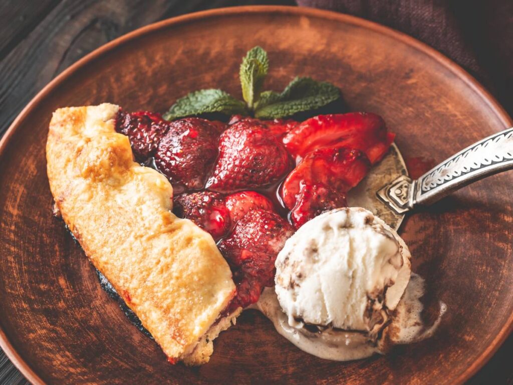 Galette z truskawkami podana z gałką lodów waniliowych i świeżą miętą